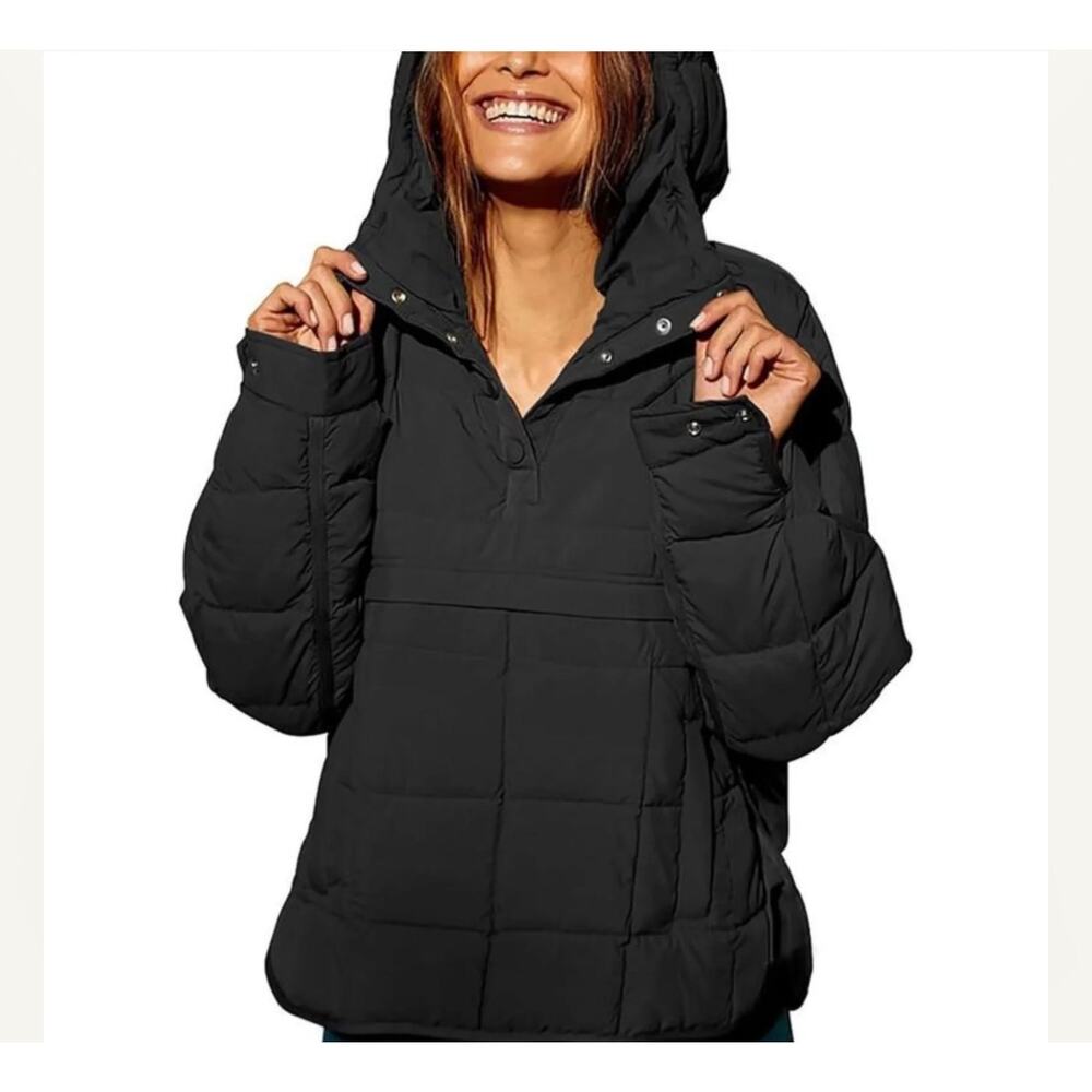 NEW Size Large Black Quilted Puffer Pullover Anorak Snap Closure Kangaroo Pocket